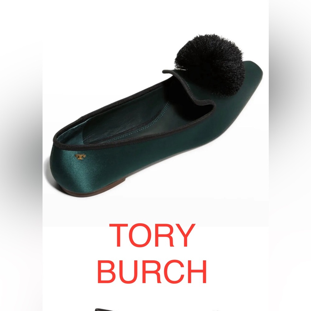 NWT Tory Burch Satin Pom Pom Smoking Loafers in Emerald Green, Brand New in box